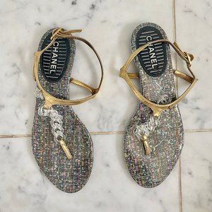 Chanel Interlocking CC Logo Leather T-Strap Sandal